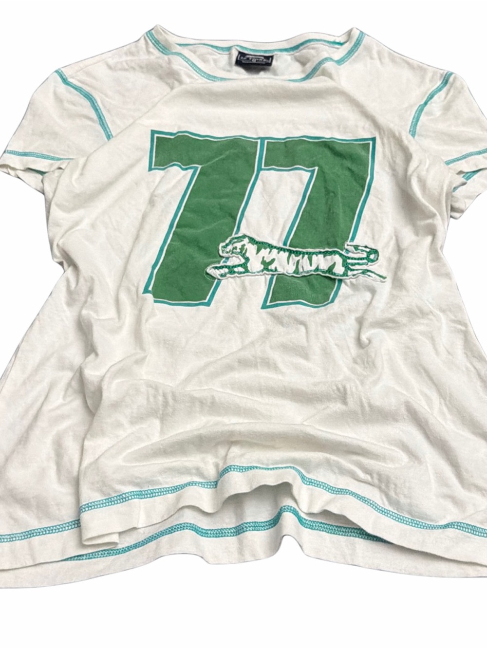 Y2K Le Tigre White Short Sleeve Tee with Green 77 Graphic Tiger Embroidery M